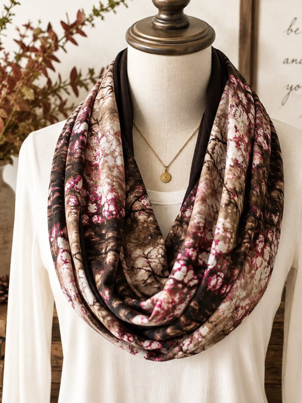 Apt. 9 Infinity Scarf Brown Floral Abstract Boho Burgundy Lightweight